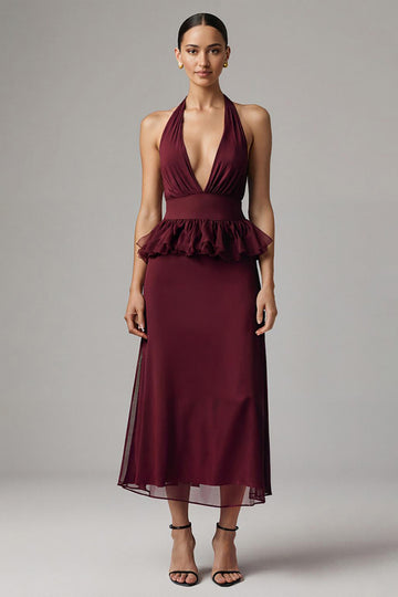 Halter Burgundy Semi-Formal Dress With Ruffles